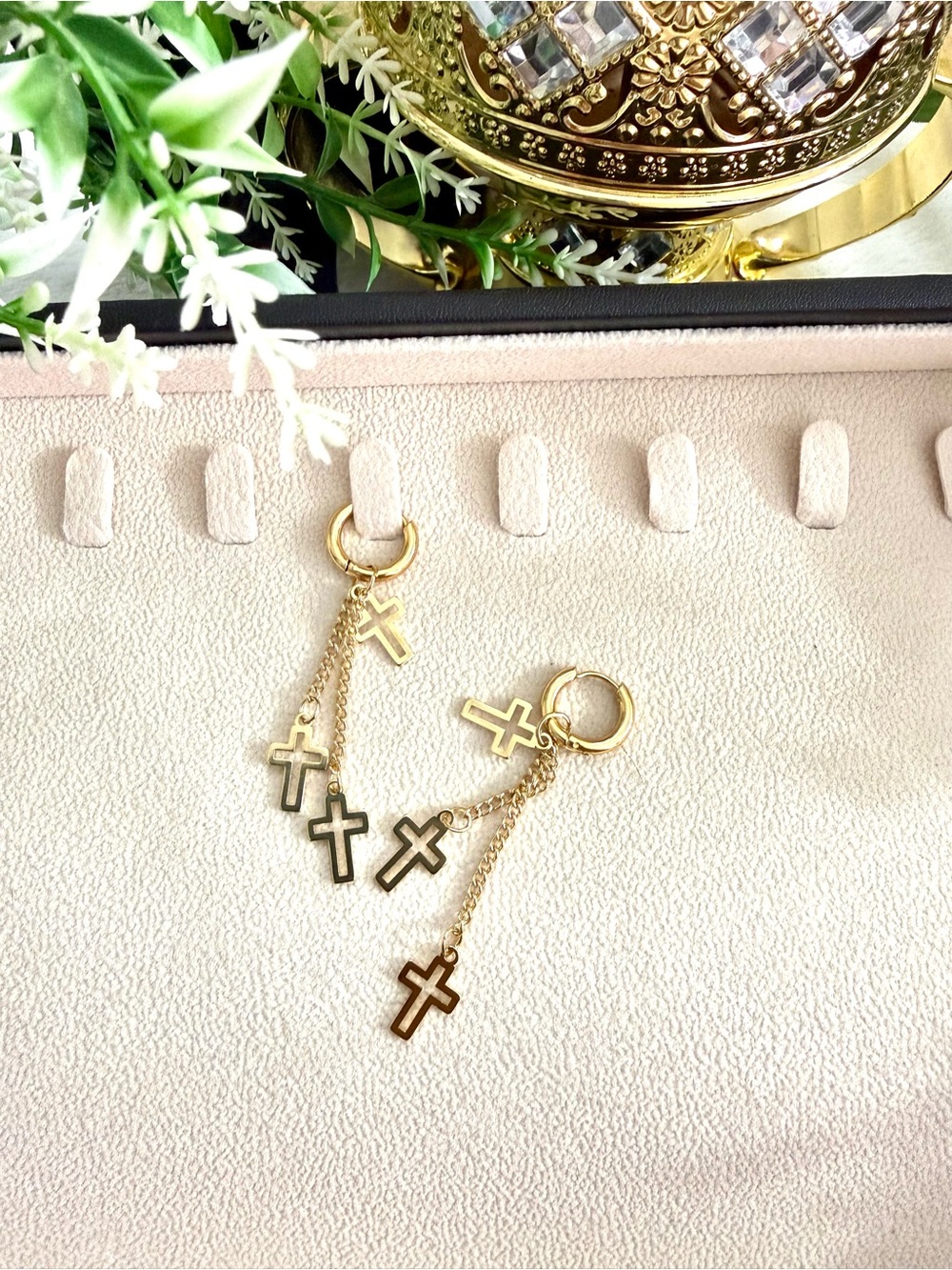 Gold Cross Dangle Hoop Earrings-18k gold plated stainless steel